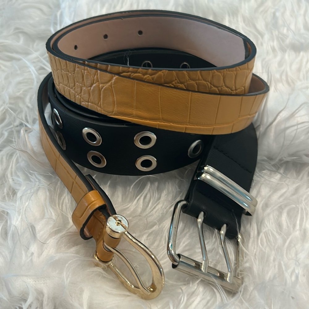 Bundle of 2 Fashion Belts  Textured & Black Grommet faux Leather Stylish EUC